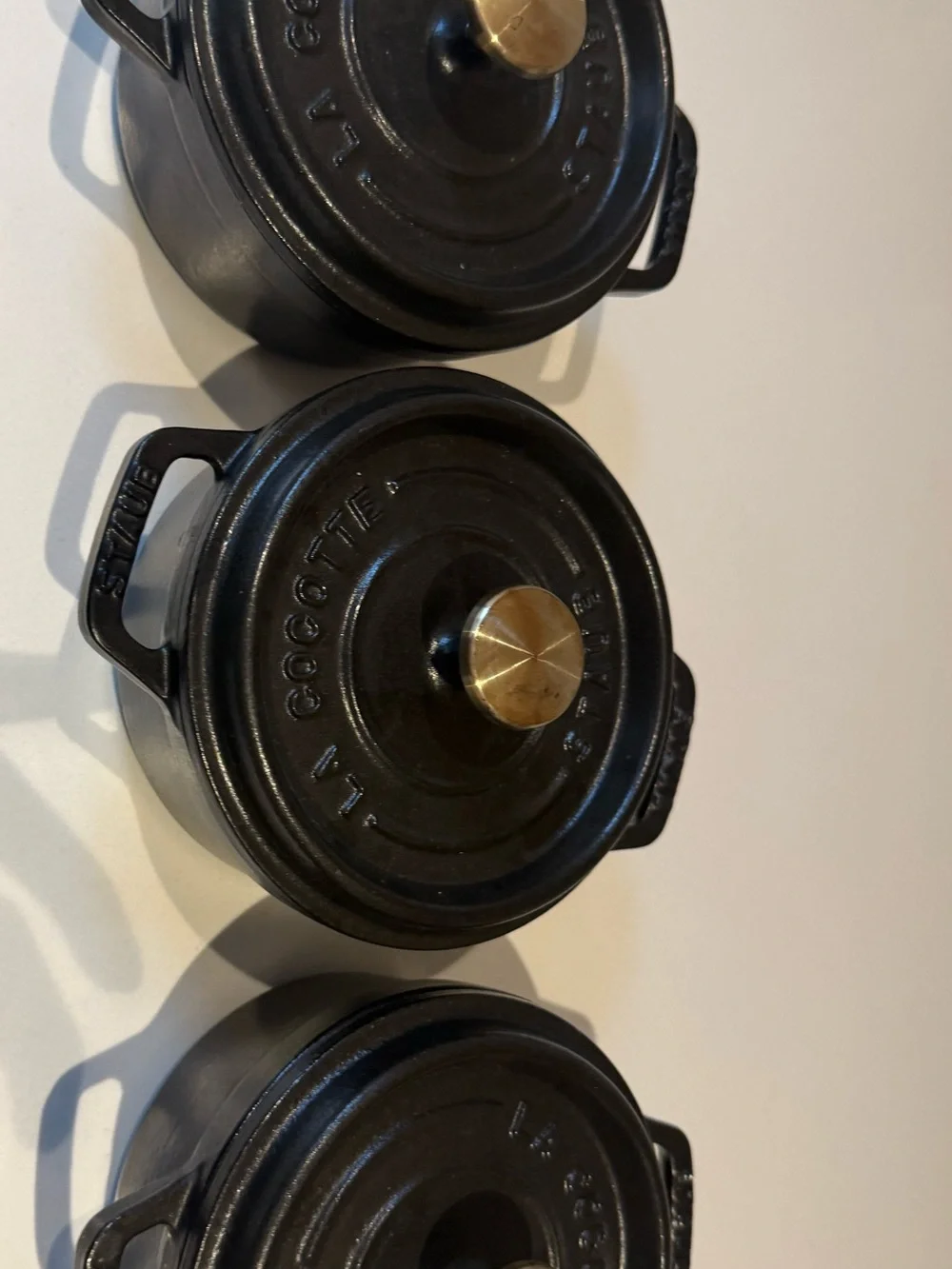 Staub Black Cast Iron Mini Cocottes with Brass Knobs - Set of 3